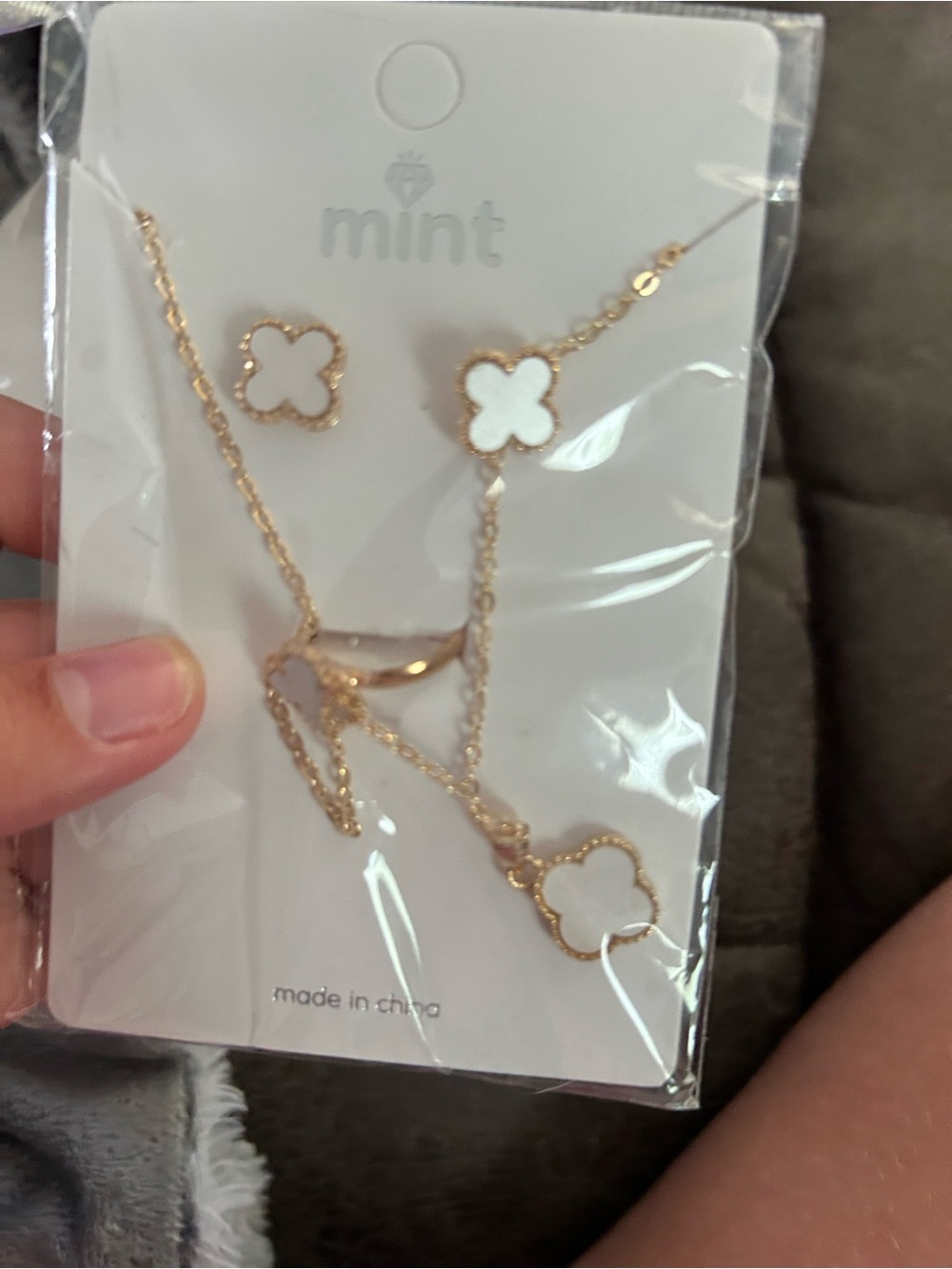 5/$25 Mint Gold-Tone Clover Necklace and Stud Earrings with White Accents